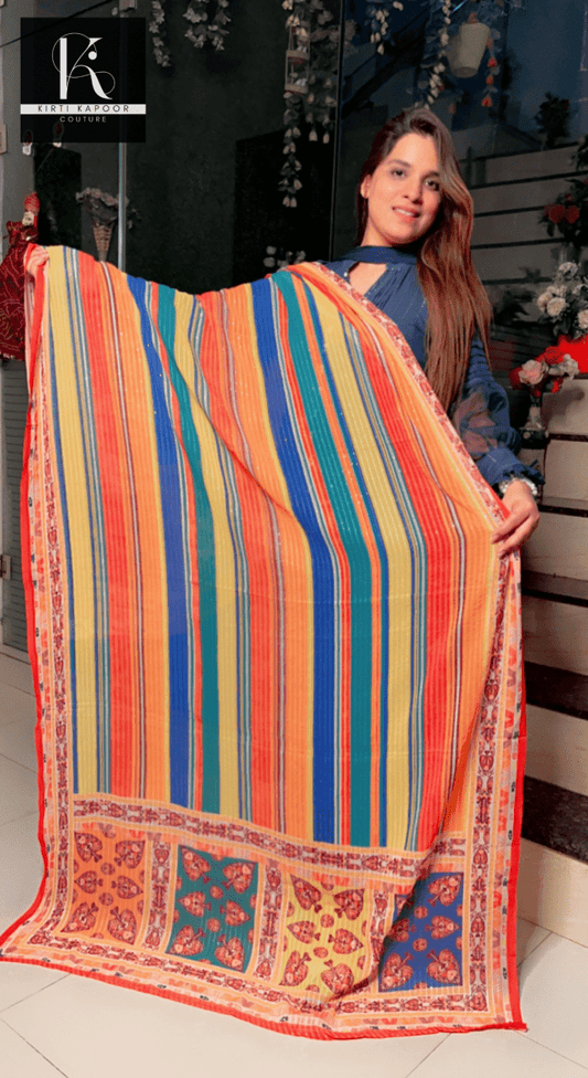 Colored Linear Pattern Dupatta on Orange Base - Kirti Kapoor Couture