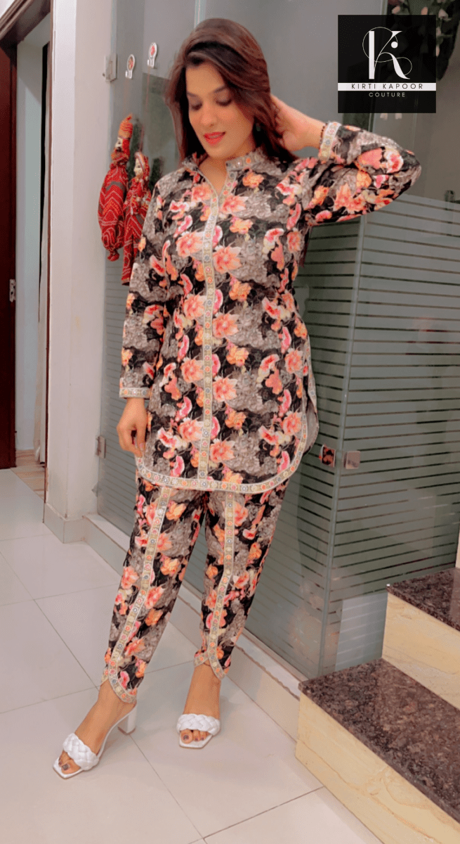 Corduroy Floral Printed Co - ord with Tulip Dhoti - Kirti Kapoor Couture