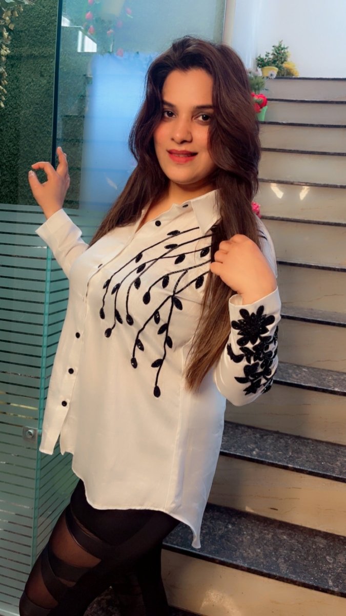 Cotton Formal White Shirt with Embroidered Black Flowers and Leaves - Kirti Kapoor Couture