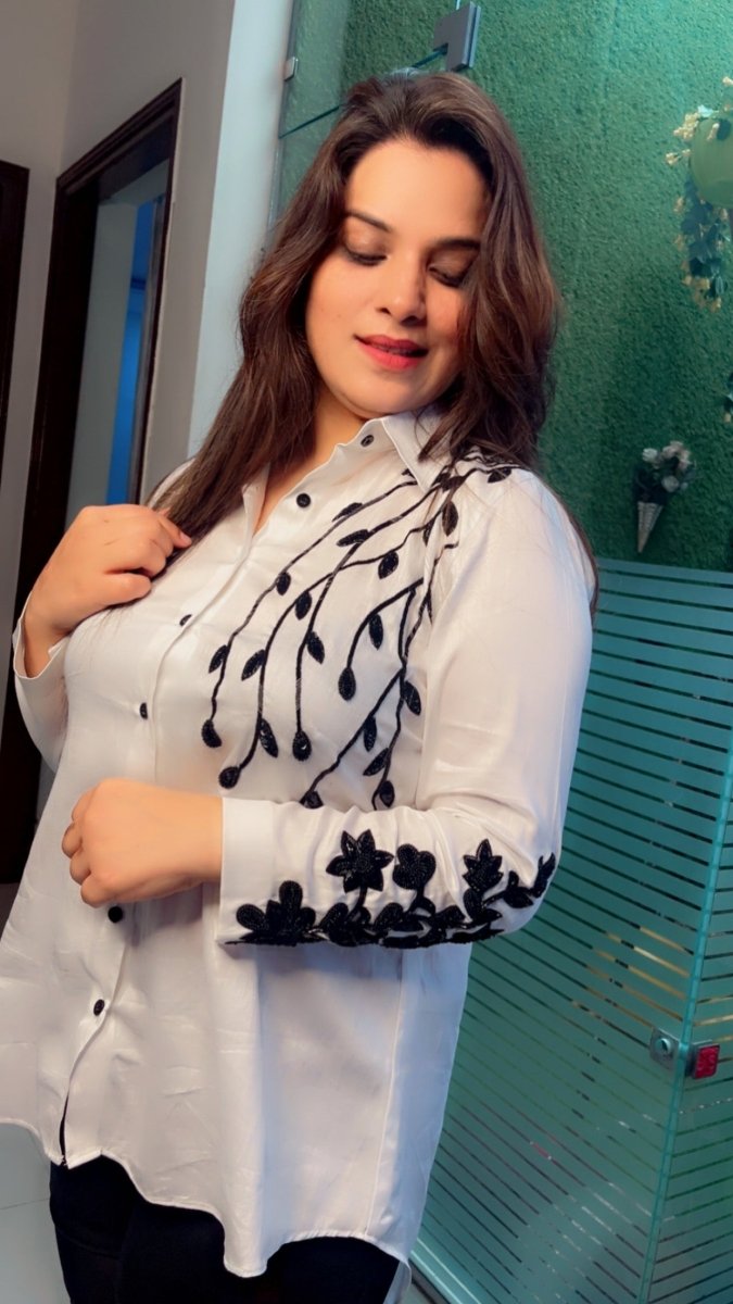 Cotton Formal White Shirt with Embroidered Black Flowers and Leaves - Kirti Kapoor Couture