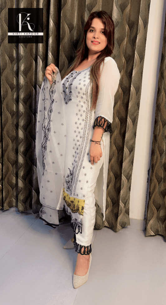 Creme Organza Pakistani Style Suit with Black Loops Design - Kirti Kapoor Couture