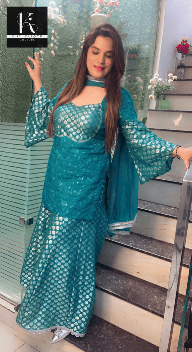 Cyan Blue Brocade and Thread - work Suit - Kirti Kapoor Couture