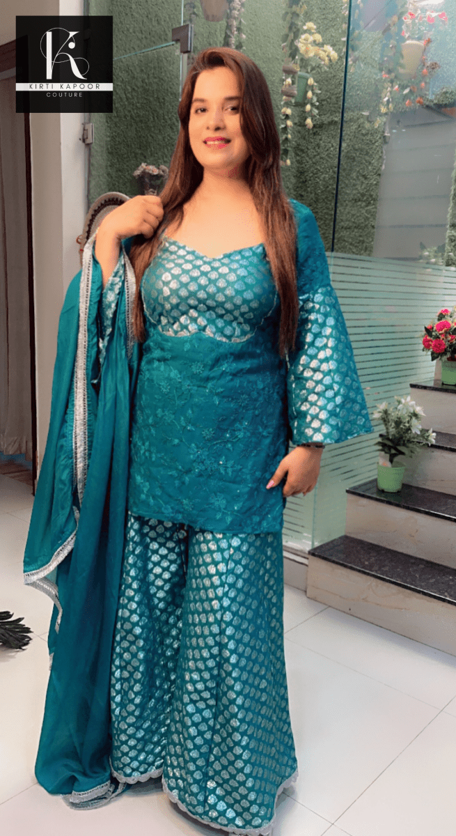 Cyan Blue Brocade and Thread - work Suit - Kirti Kapoor Couture
