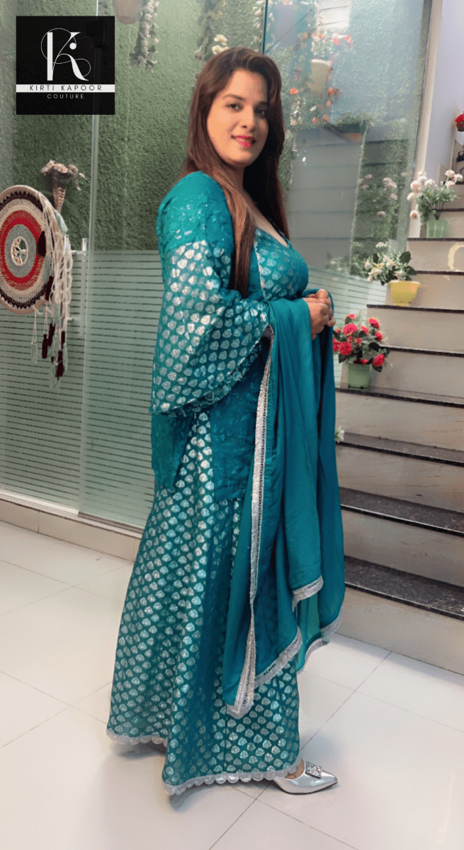 Cyan Blue Brocade and Thread - work Suit - Kirti Kapoor Couture