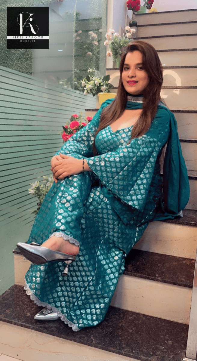 Cyan Blue Brocade and Thread - work Suit - Kirti Kapoor Couture