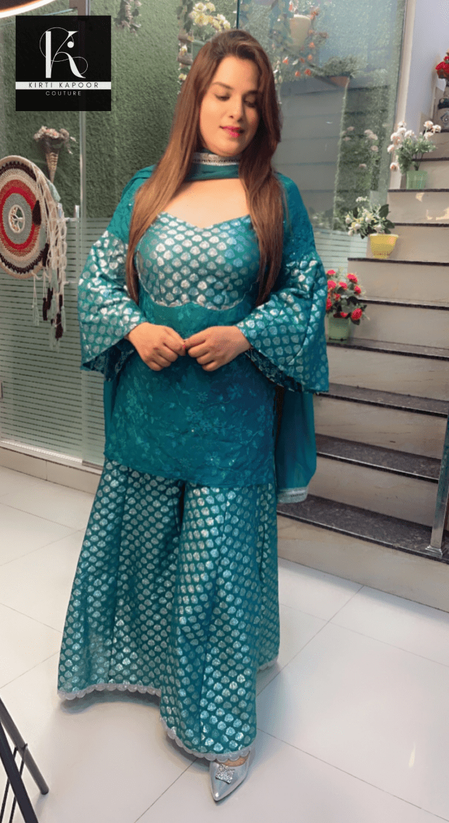 Cyan Blue Brocade and Thread - work Suit - Kirti Kapoor Couture