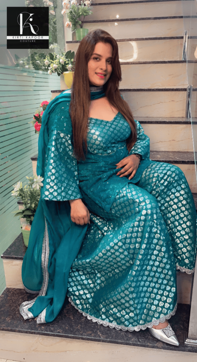 Cyan Blue Brocade and Thread - work Suit - Kirti Kapoor Couture