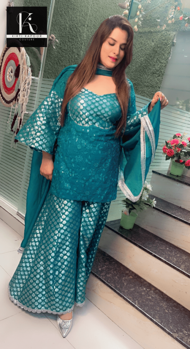 Cyan Blue Brocade and Thread - work Suit - Kirti Kapoor Couture