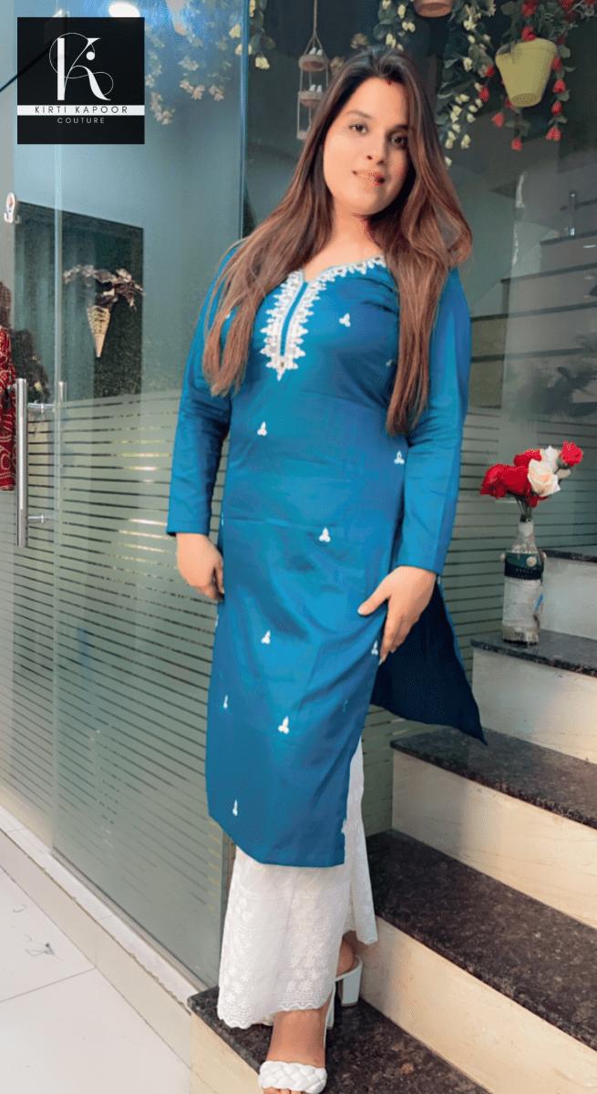 Cyan Blue Hand - Embroidered Shirt with Chicken Bell - Bottom - Kirti Kapoor Couture