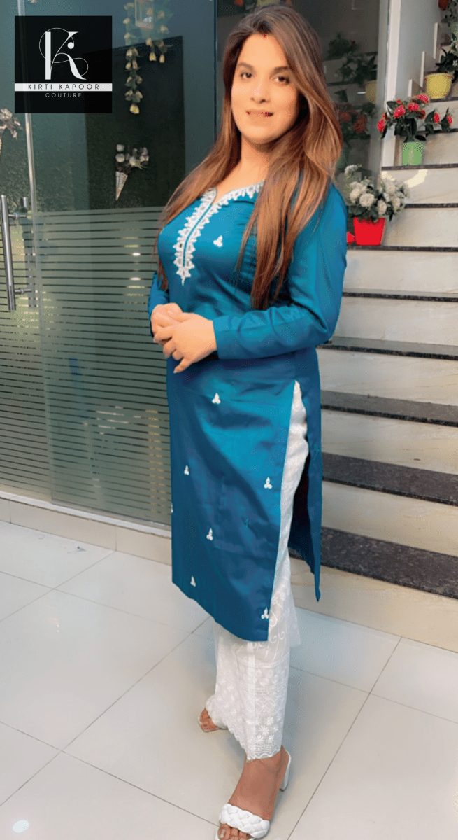 Cyan Blue Hand - Embroidered Shirt with Chicken Bell - Bottom - Kirti Kapoor Couture