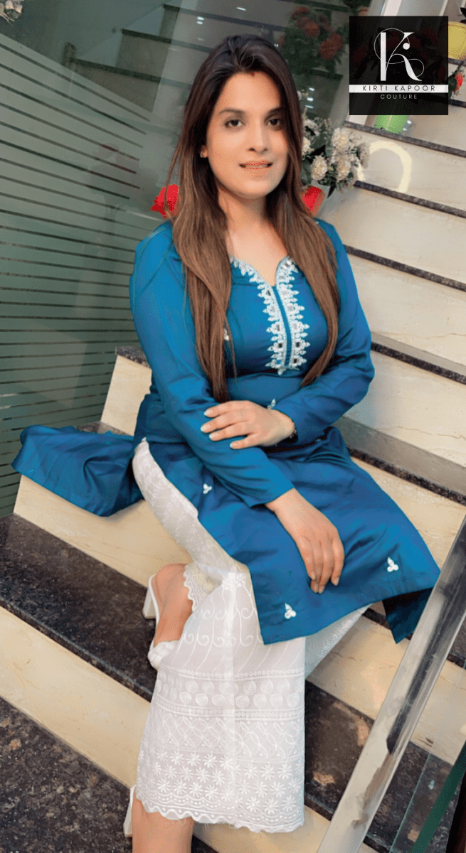 Cyan Blue Hand - Embroidered Shirt with Chicken Bell - Bottom - Kirti Kapoor Couture