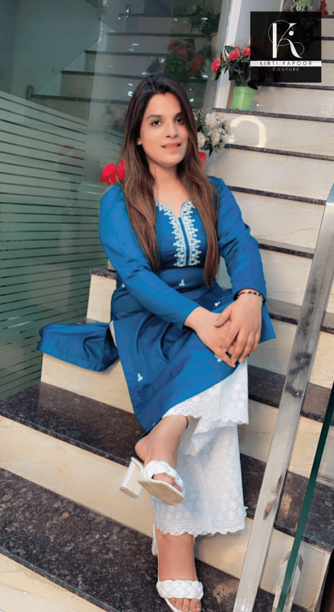 Cyan Blue Hand - Embroidered Shirt with Chicken Bell - Bottom - Kirti Kapoor Couture