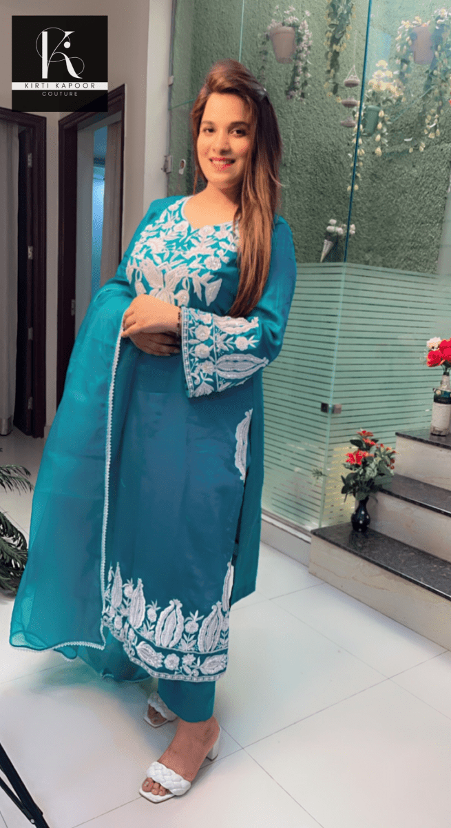 Cyan - Blue Hand - Embroidered Suit with Dupatta - Kirti Kapoor Couture