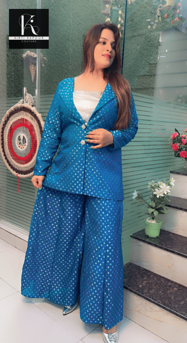 Cyan Blue Worked Brocade Three Piece Set with Silver Tube - Kirti Kapoor Couture