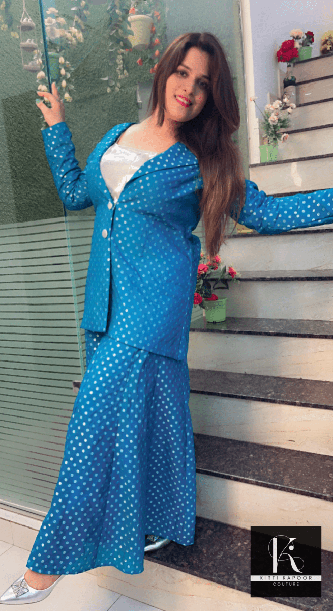 Cyan Blue Worked Brocade Three Piece Set with Silver Tube - Kirti Kapoor Couture