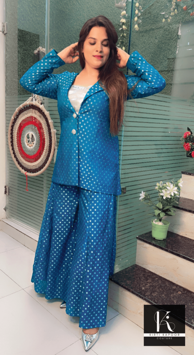 Cyan Blue Worked Brocade Three Piece Set with Silver Tube - Kirti Kapoor Couture