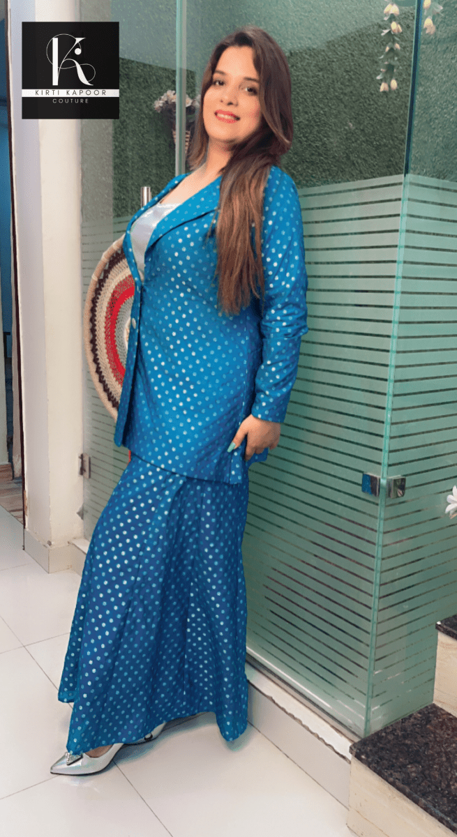 Cyan Blue Worked Brocade Three Piece Set with Silver Tube - Kirti Kapoor Couture