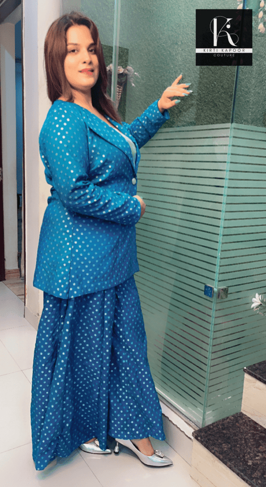 Cyan Blue Worked Brocade Three Piece Set with Silver Tube - Kirti Kapoor Couture