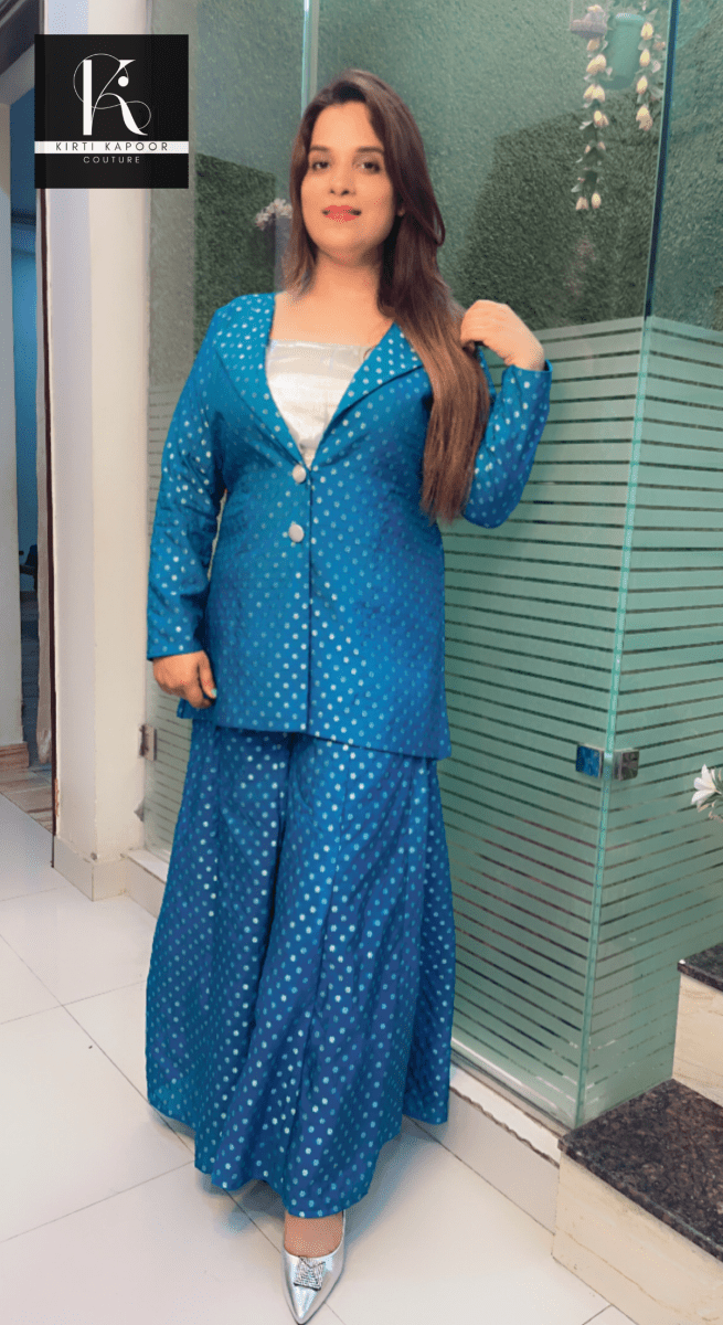 Cyan Blue Worked Brocade Three Piece Set with Silver Tube - Kirti Kapoor Couture