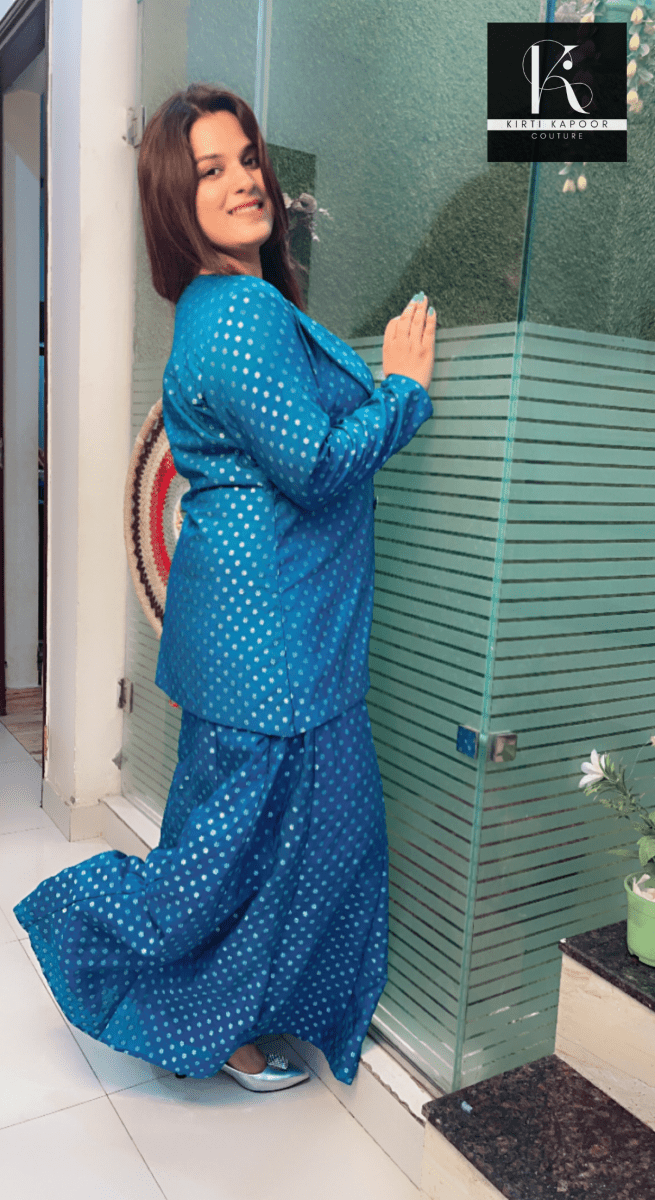 Cyan Blue Worked Brocade Three Piece Set with Silver Tube - Kirti Kapoor Couture