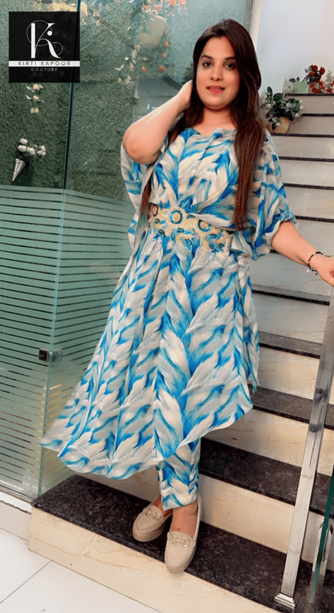Cyan - Cream Printed Kaftan (Three Piece Set) - Kirti Kapoor Couture