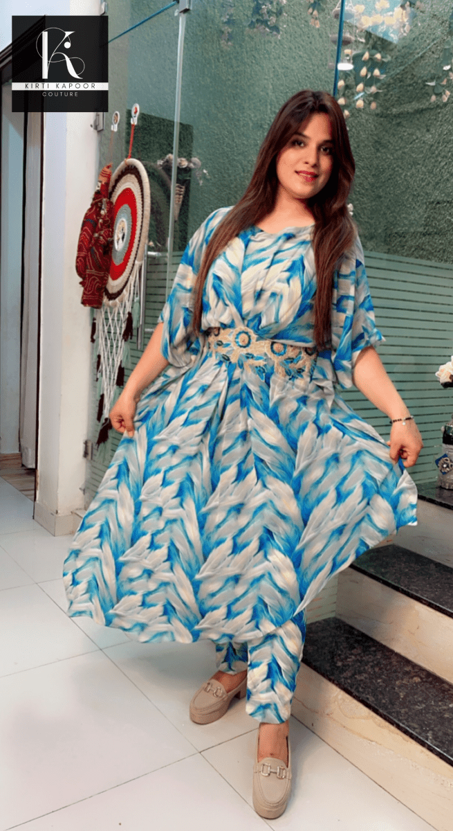 Cyan - Cream Printed Kaftan (Three Piece Set) - Kirti Kapoor Couture