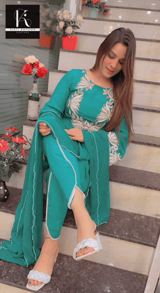 Cyan Embroidered Suit with Tulip Dhoti - Kirti Kapoor Couture