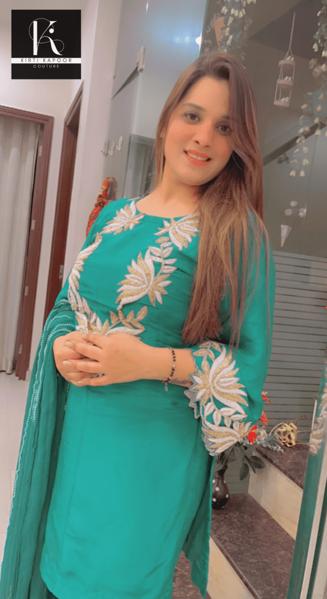 Cyan Embroidered Suit with Tulip Dhoti - Kirti Kapoor Couture