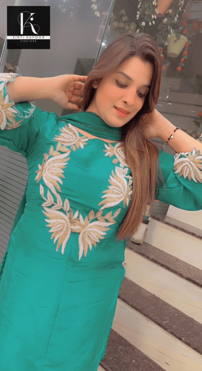 Cyan Embroidered Suit with Tulip Dhoti - Kirti Kapoor Couture