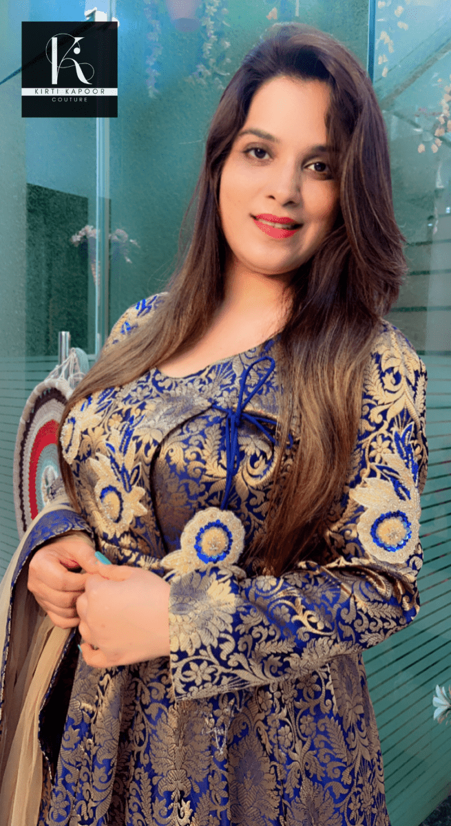 Dark Blue Brocade Anarkali (Embroidered Patchwork) - Kirti Kapoor Couture
