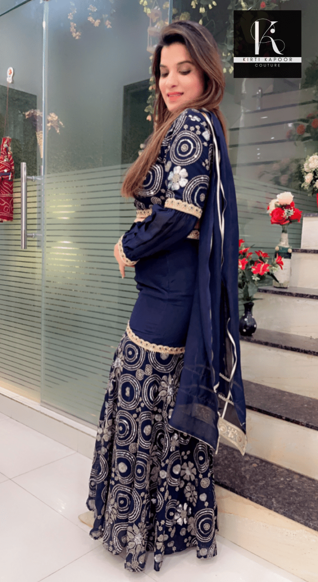 Dark Blue Fish - Cut Dress in Worked Fabric - Kirti Kapoor Couture