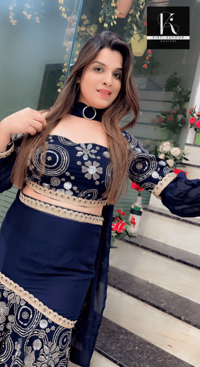 Dark Blue Fish - Cut Dress in Worked Fabric - Kirti Kapoor Couture