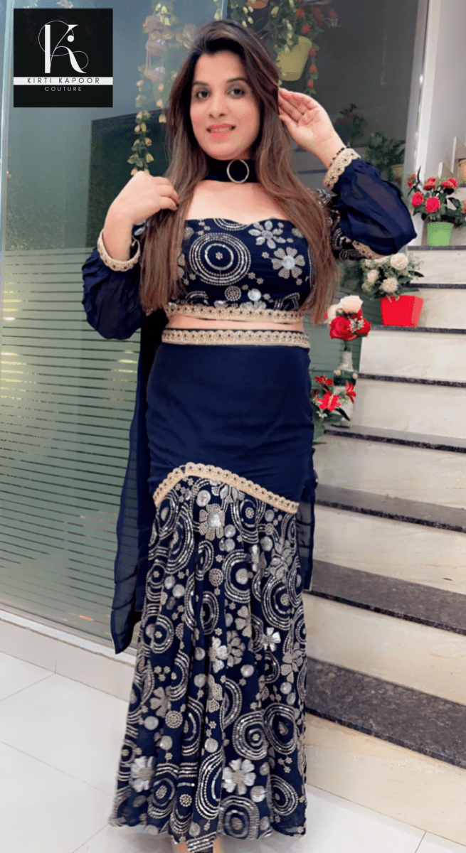 Dark Blue Fish - Cut Dress in Worked Fabric - Kirti Kapoor Couture