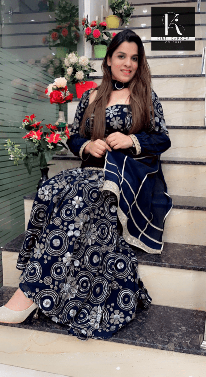 Dark Blue Fish - Cut Dress in Worked Fabric - Kirti Kapoor Couture