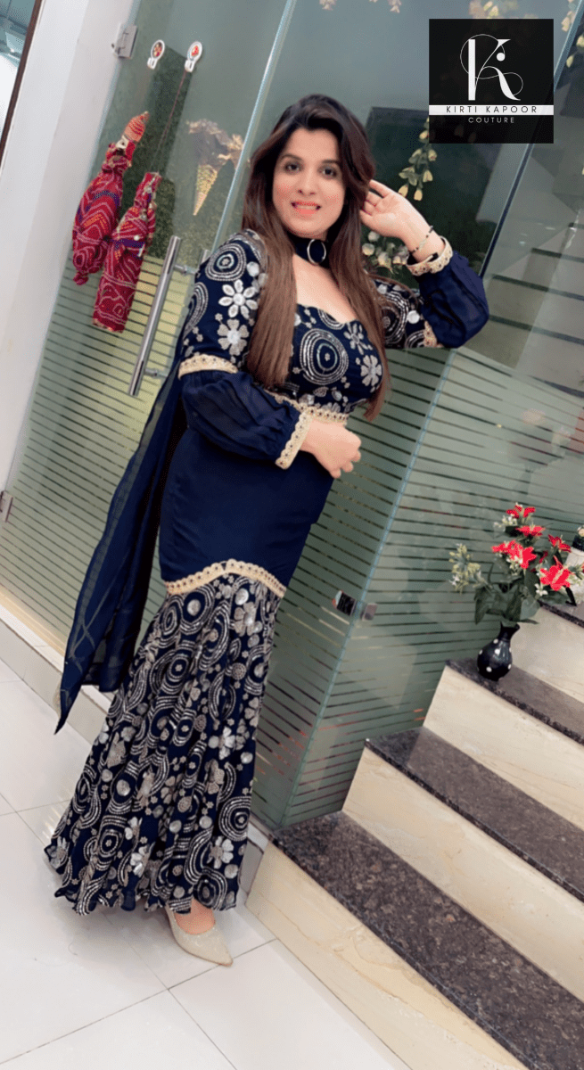 Dark Blue Fish - Cut Dress in Worked Fabric - Kirti Kapoor Couture