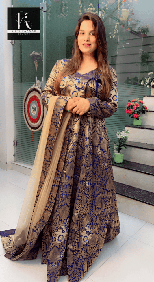 Dark Blue Worked Gown with Angrakha Neck and Patches - Kirti Kapoor Couture