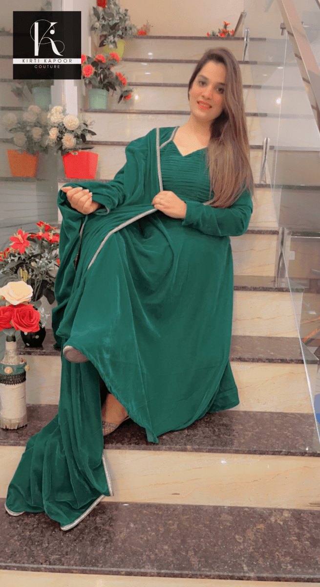 Dark Green A - line Velvet Suit - Kirti Kapoor Couture