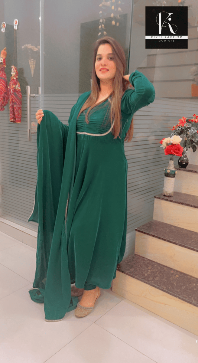 Dark Green A - line Velvet Suit - Kirti Kapoor Couture