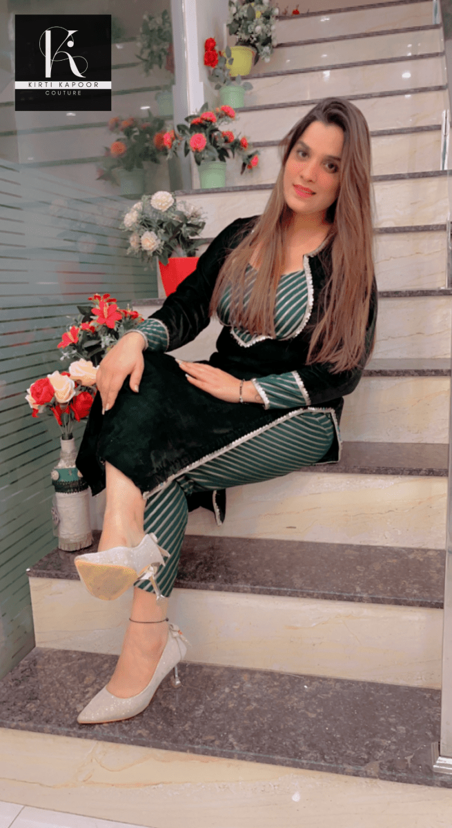 Dark Green Velvet Kurta with Brocade Pants - Kirti Kapoor Couture