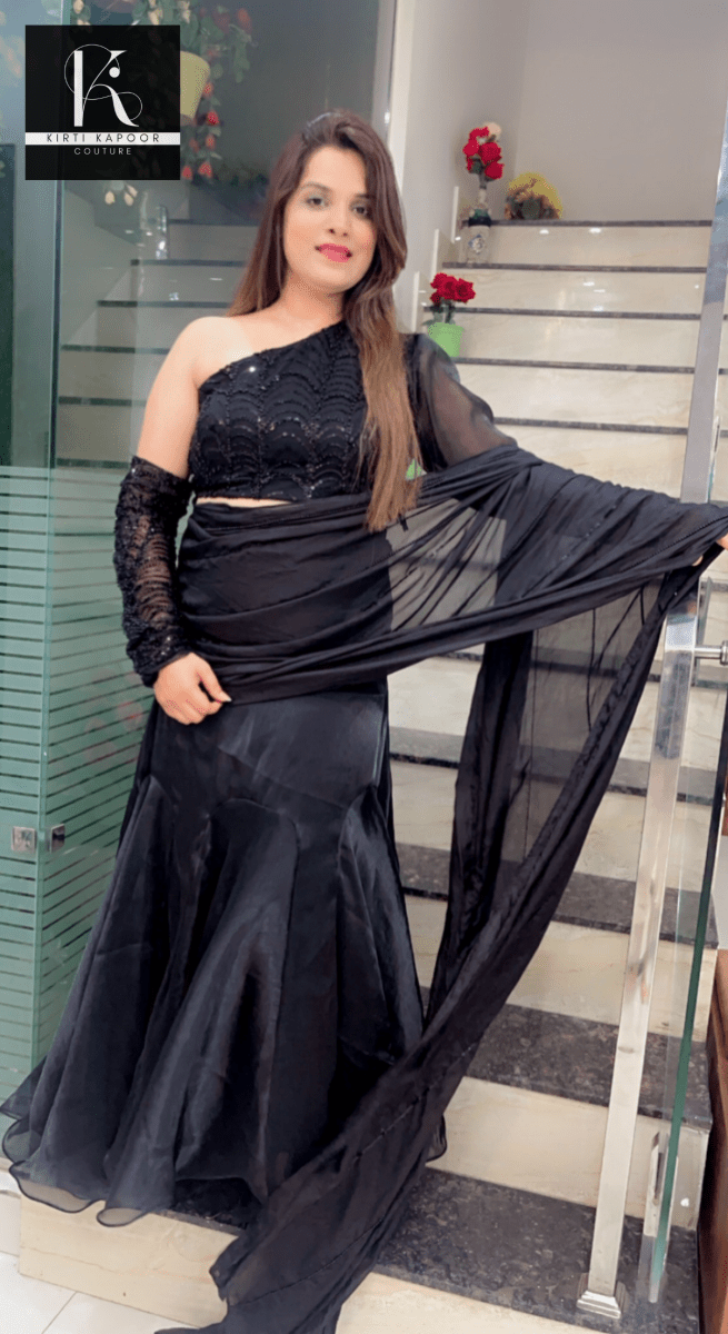 Designer Black Saree with Heavy Blouse and Drape - Kirti Kapoor Couture