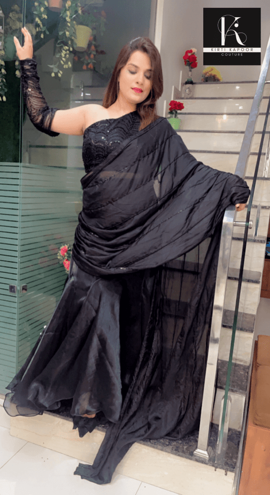 Designer Black Saree with Heavy Blouse and Drape - Kirti Kapoor Couture