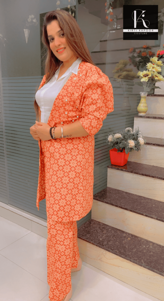 Designer Cotton Printed Orange - Brown Co - ord Set - Kirti Kapoor Couture