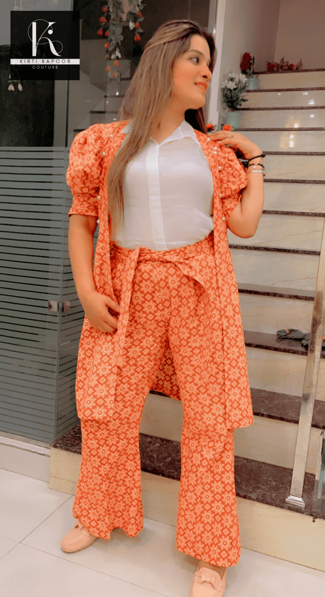 Designer Cotton Printed Orange - Brown Co - ord Set - Kirti Kapoor Couture
