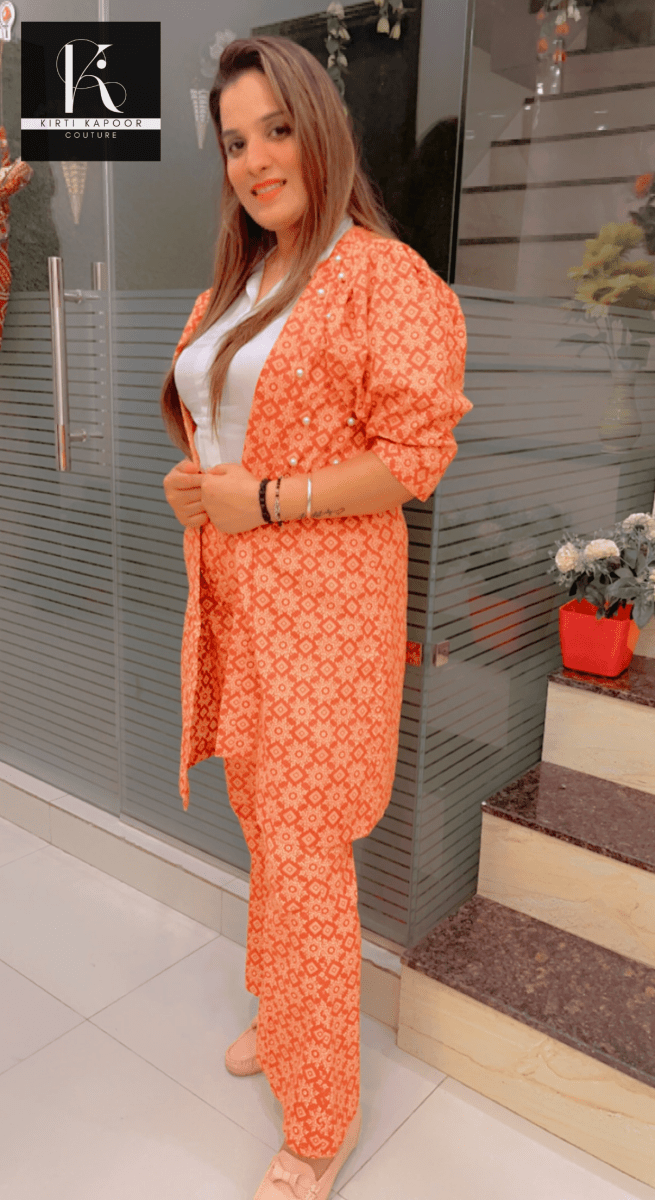 Designer Cotton Printed Orange - Brown Co - ord Set - Kirti Kapoor Couture