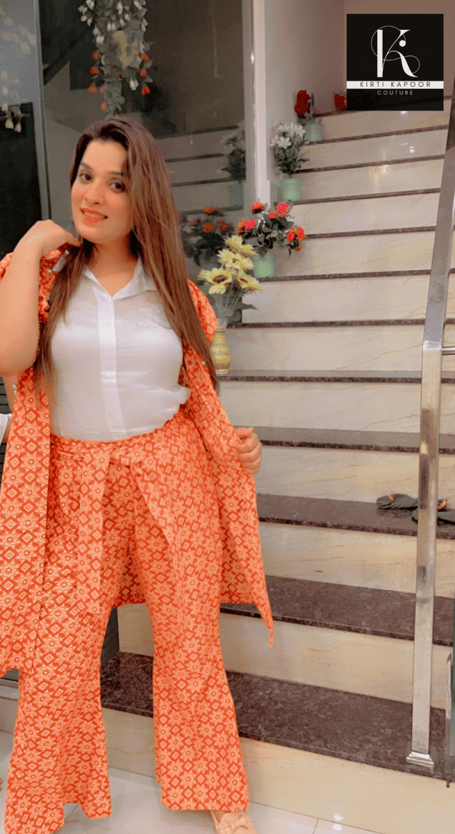 Designer Cotton Printed Orange - Brown Co - ord Set - Kirti Kapoor Couture