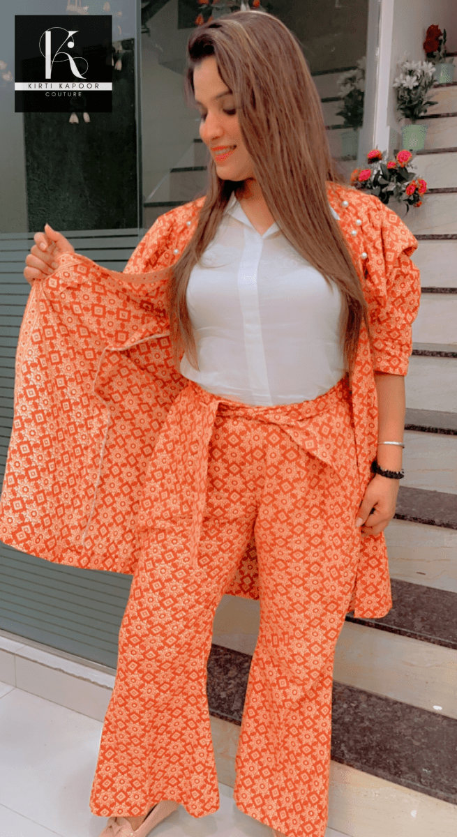 Designer Cotton Printed Orange - Brown Co - ord Set - Kirti Kapoor Couture