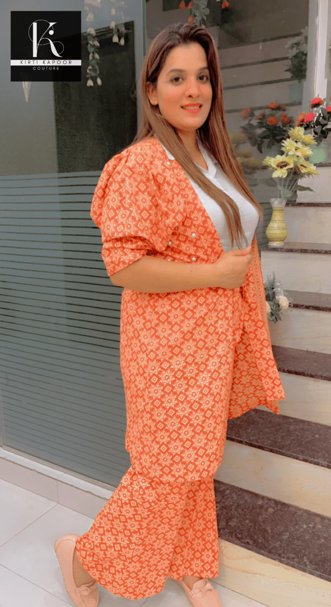 Designer Cotton Printed Orange - Brown Co - ord Set - Kirti Kapoor Couture