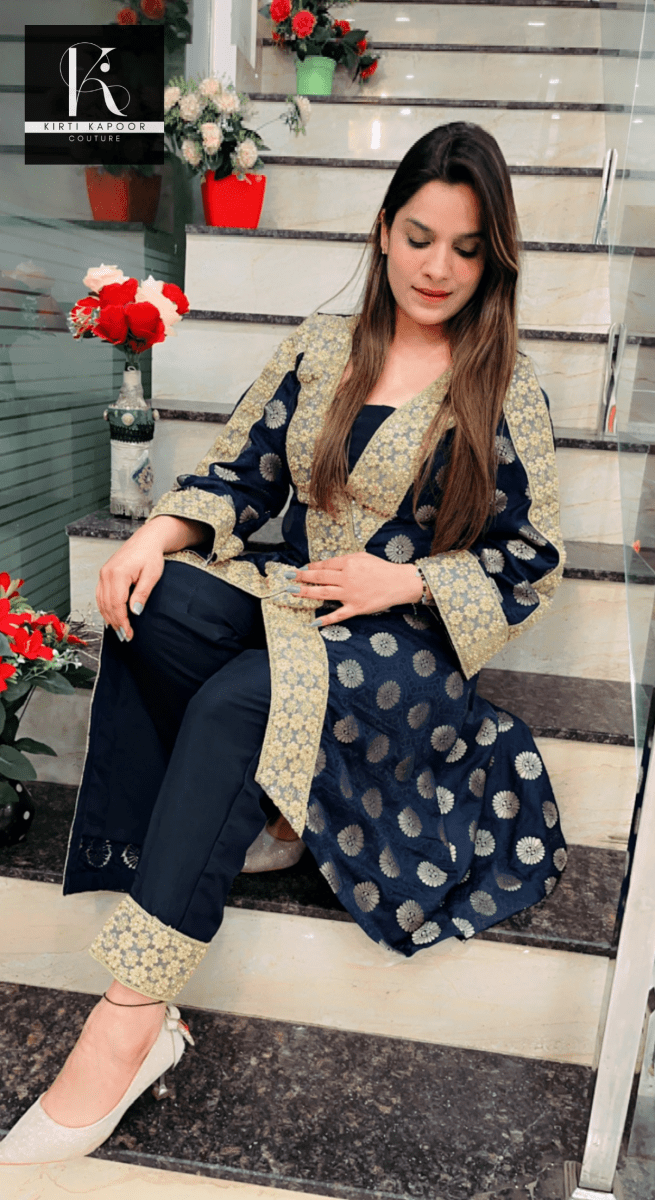 Designer Navy Blue Brocade Wear - Kirti Kapoor Couture