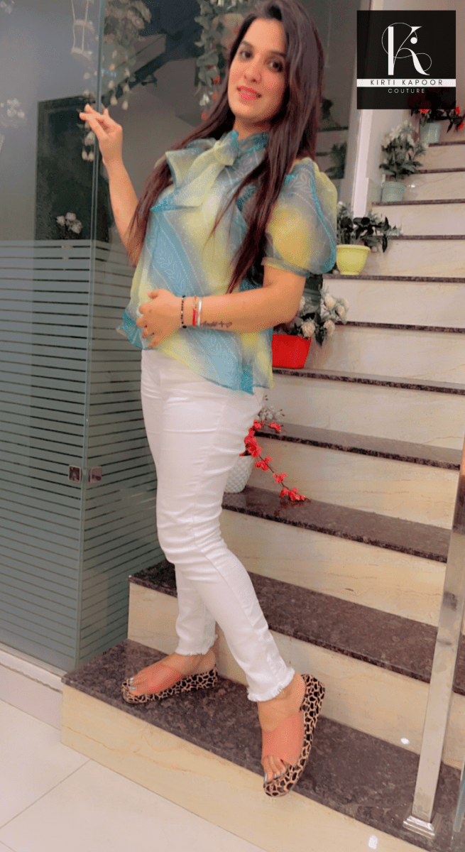 Designer Organza Top in Diagonal duo - color pattern - Kirti Kapoor Couture