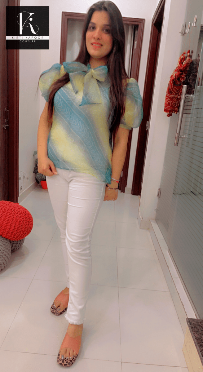 Designer Organza Top in Diagonal duo - color pattern - Kirti Kapoor Couture